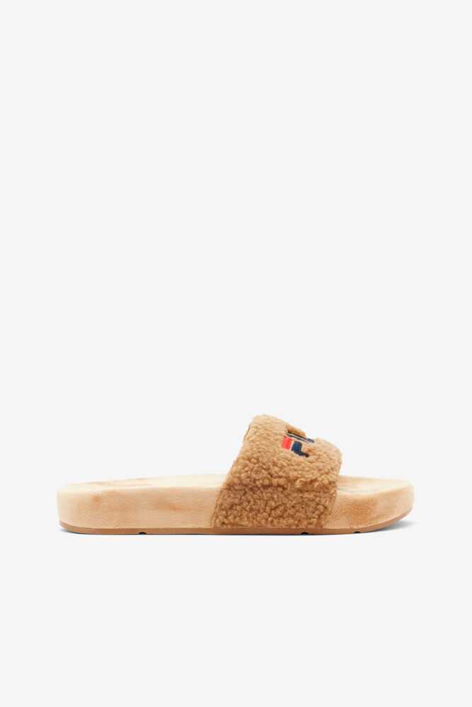 Beige Navy Red Women's FILA Fuzzy Flip Flops | USA-15764