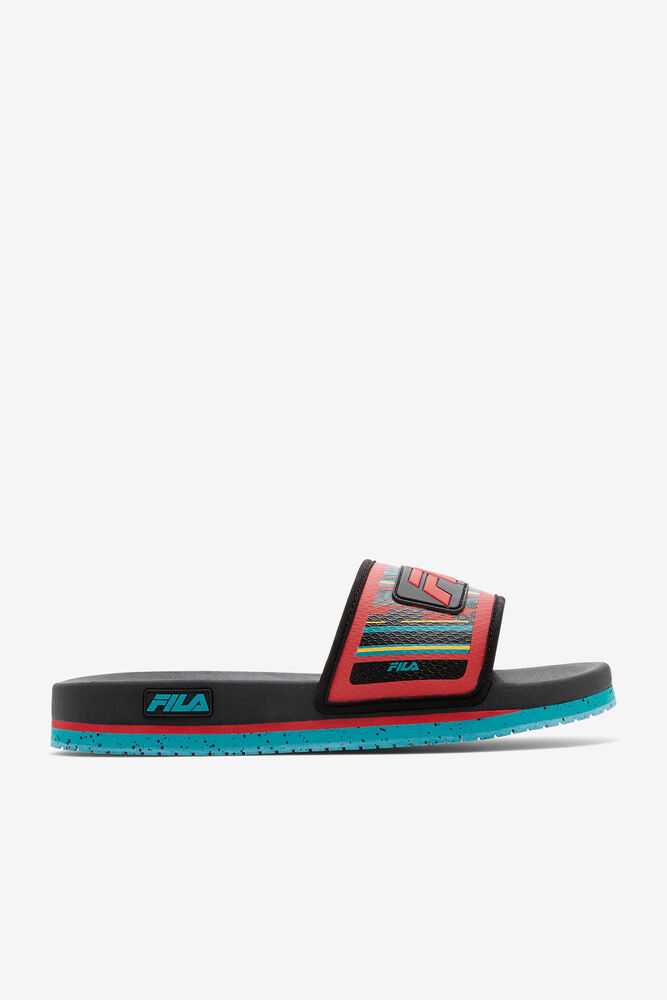 Black Turquoise Red Men's FILA Lunar Flip Flops | USA-365120