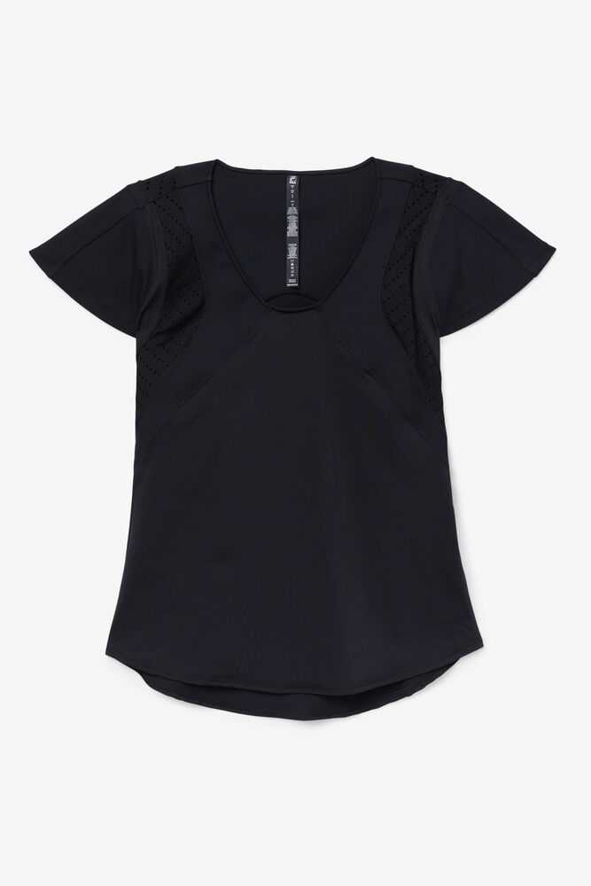 Black Women's FILA Uplift Textured Workout Shirts | USA-15409