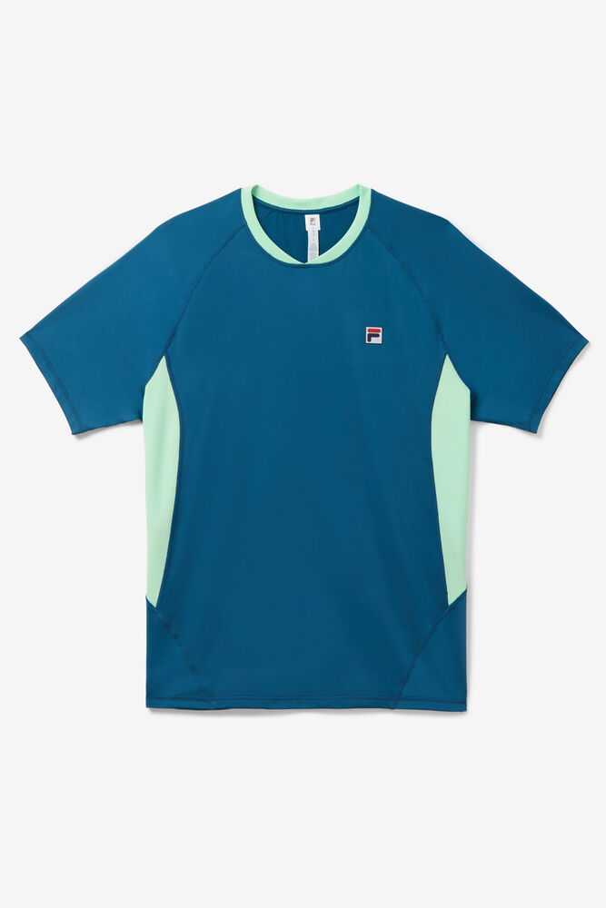 Blue Coral Green Grey Men's FILA Baseline Tennis Shirts | USA-16054