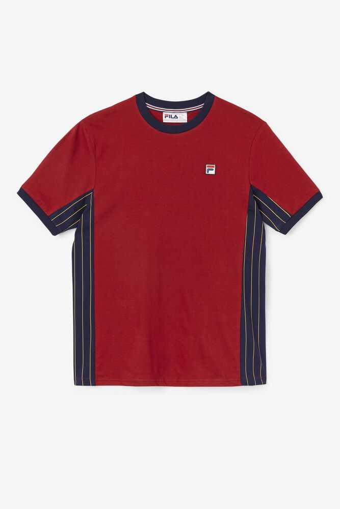 Burgundy Navy Gold Men's FILA Warner T-shirts | USA-438609