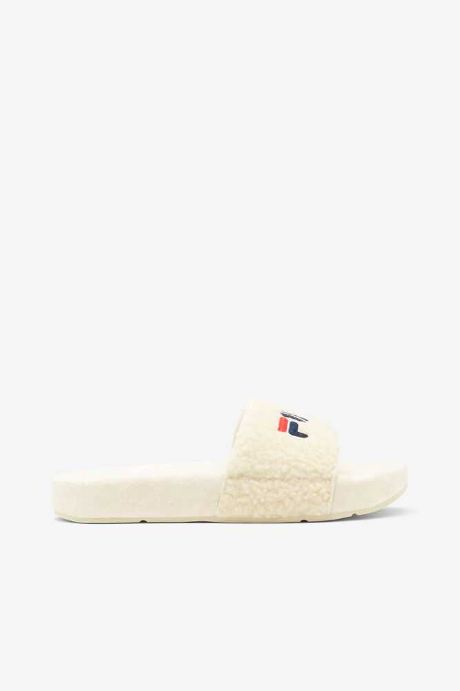 Cream Navy Red Women's FILA Fuzzy Flip Flops | USA-15763