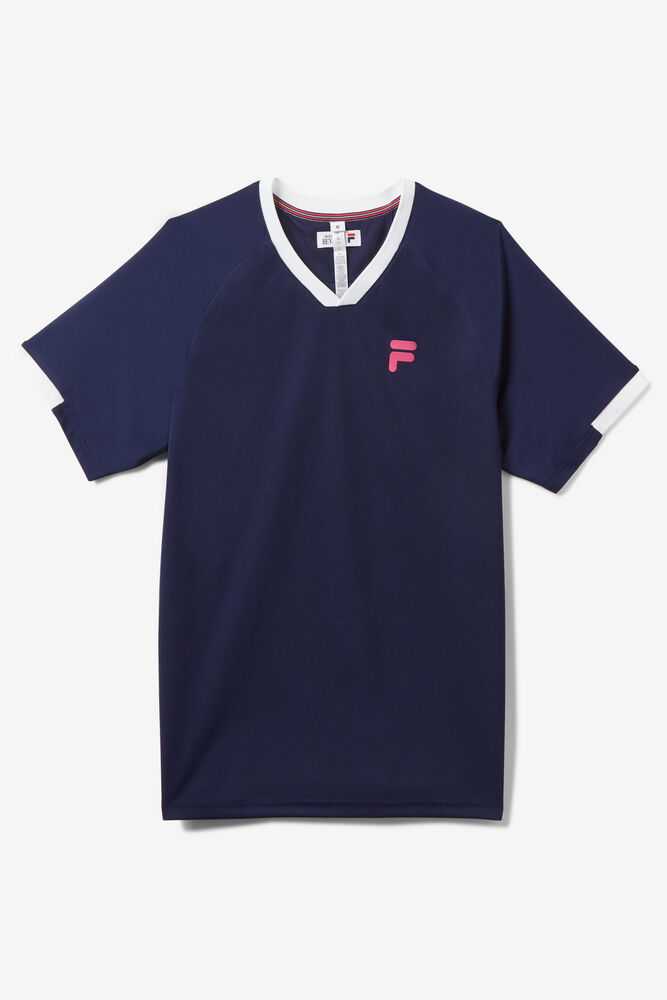 Navy White Men's FILA Bevans Tennis Shirts | USA-16069