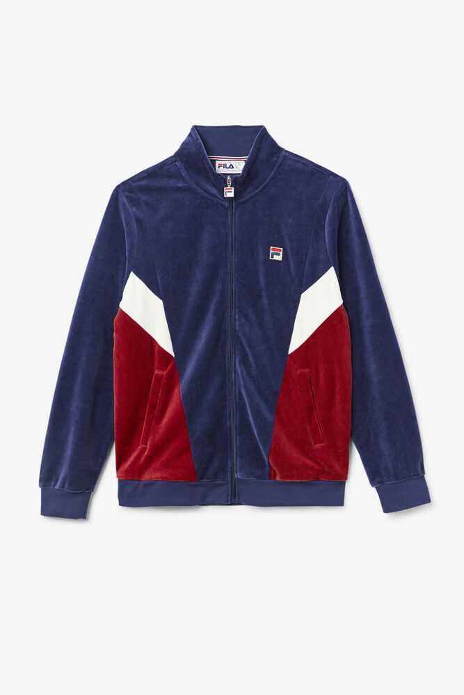 Navy White Men's FILA Marten Velour Jacket | USA-092341