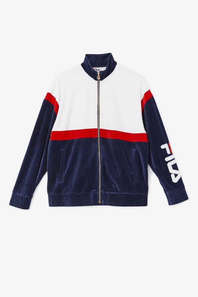 Navy White Red Men's FILA Mansur Velour Jacket | USA-174921