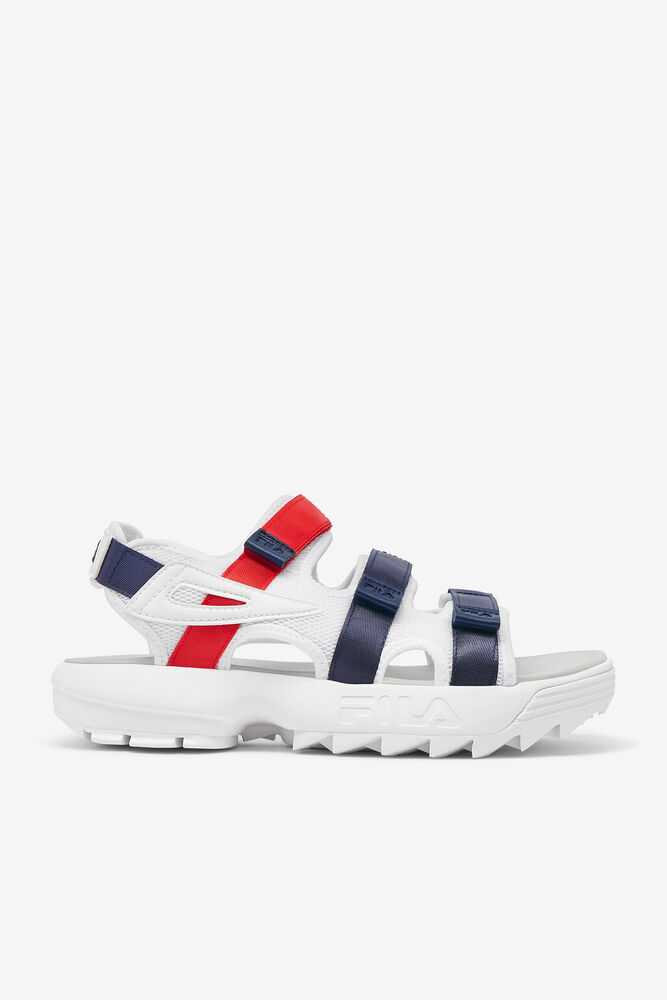 White Navy Red Men's FILA Disruptor Slide Sandals | USA-687209