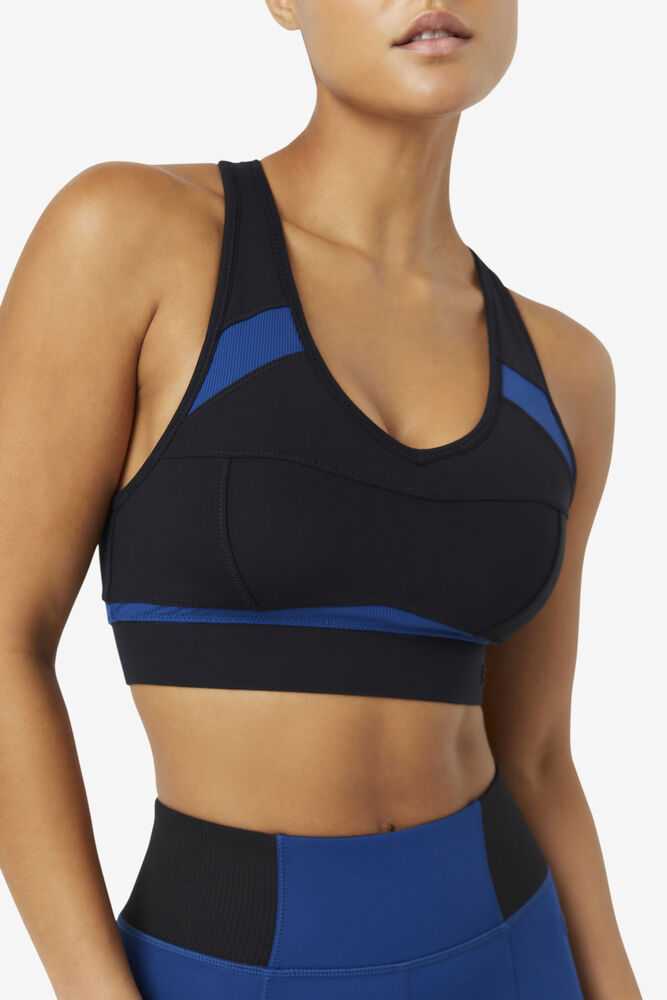 Black Navy Women's FILA Uplift Racerback Sport Bra | USA-15445