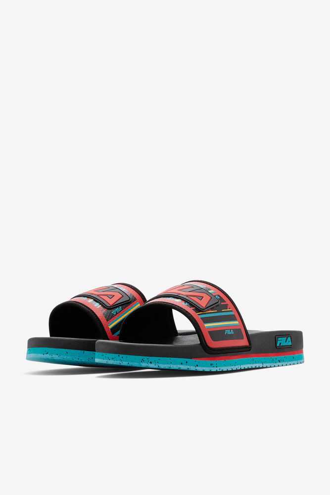 Black Turquoise Red Men's FILA Lunar Flip Flops | USA-365120