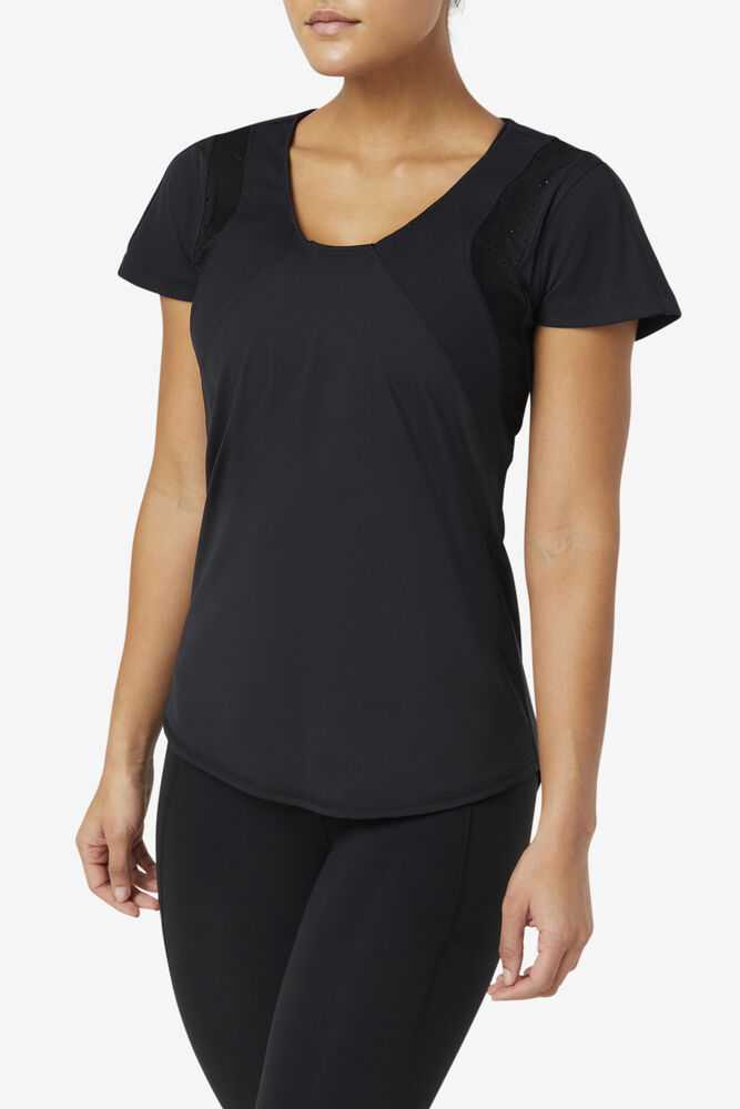 Black Women's FILA Uplift Textured Workout Shirts | USA-15409