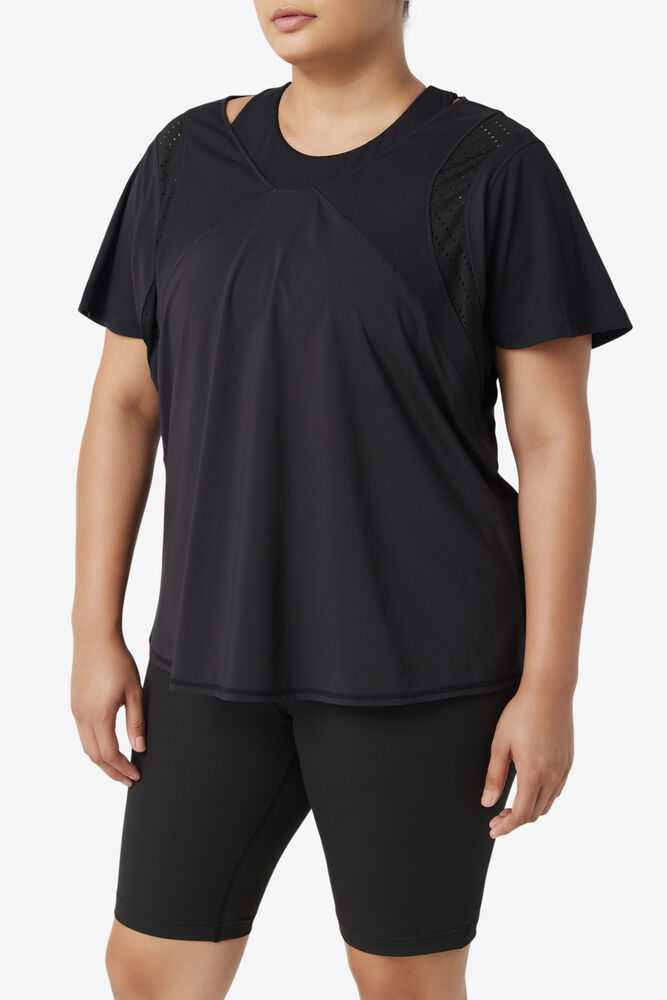 Black Women's FILA Uplift Textured Workout Shirts | USA-15420