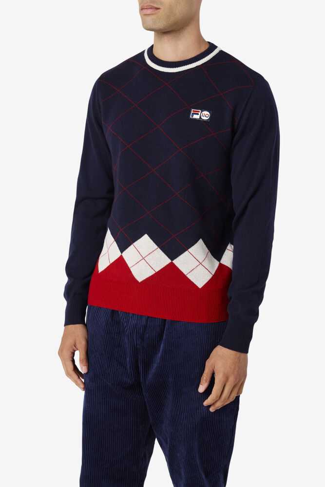 Navy White Red Men's FILA Argyle Sweaters | USA-287360