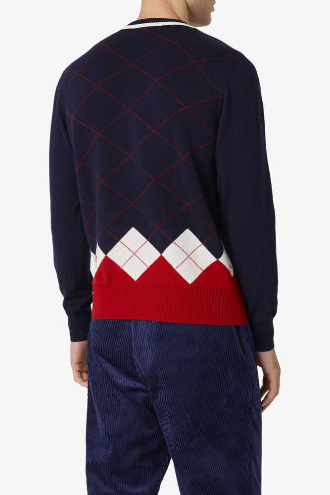 Navy White Red Men's FILA Argyle Sweaters | USA-287360