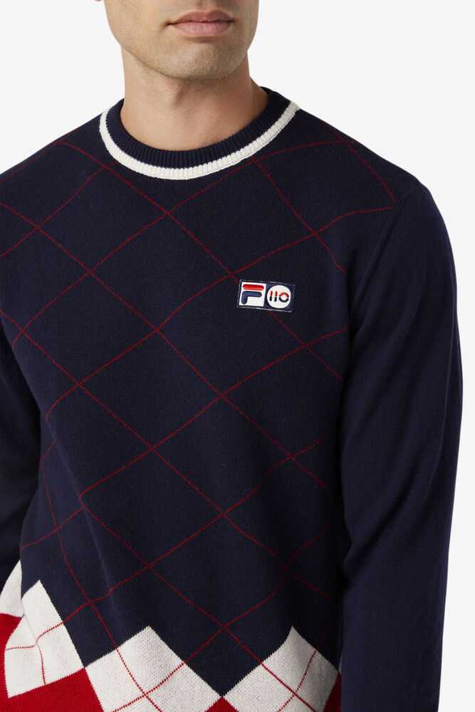 Navy White Red Men's FILA Argyle Sweaters | USA-287360