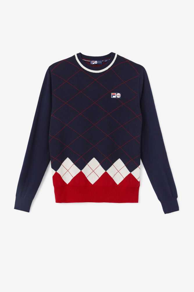 Navy White Red Men\'s FILA Argyle Sweaters | USA-287360