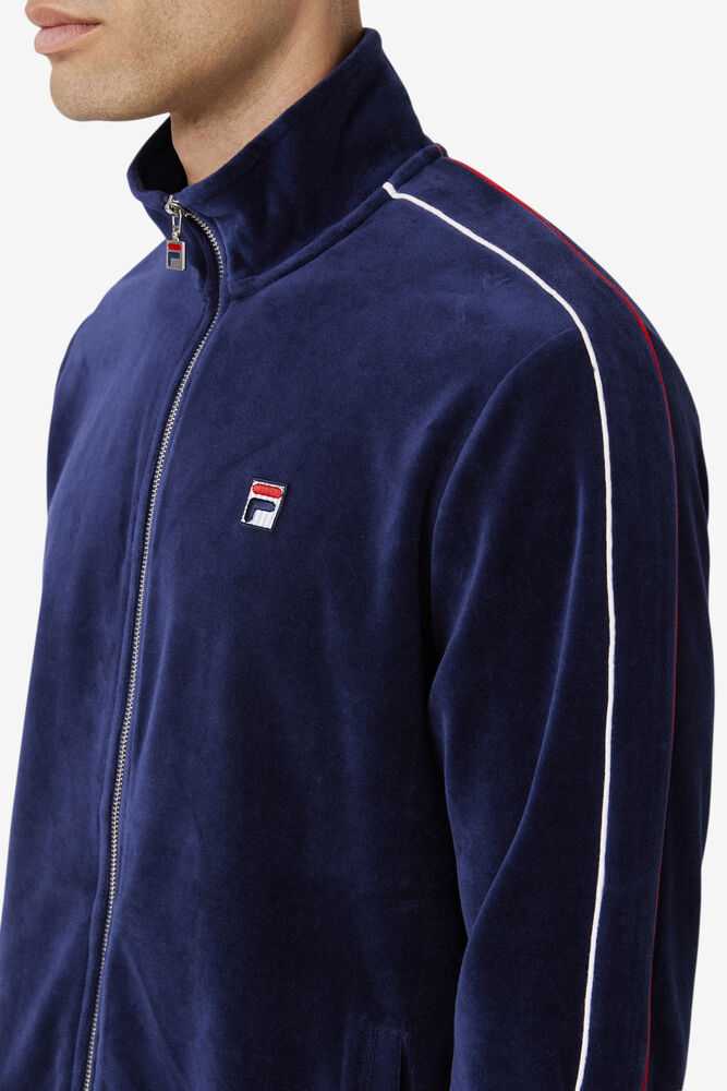 Navy White Red Men's FILA Deverall Velour Jacket | USA-267813