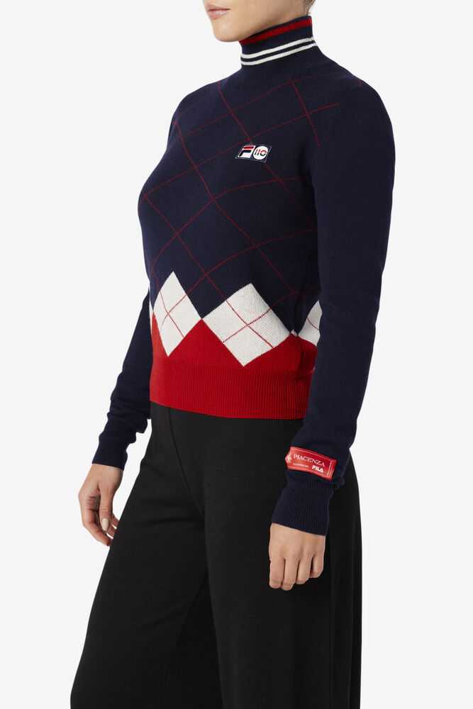 Navy White Red Women's FILA Argyle Sweaters | USA-15508