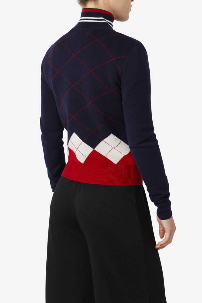 Navy White Red Women's FILA Argyle Sweaters | USA-15508