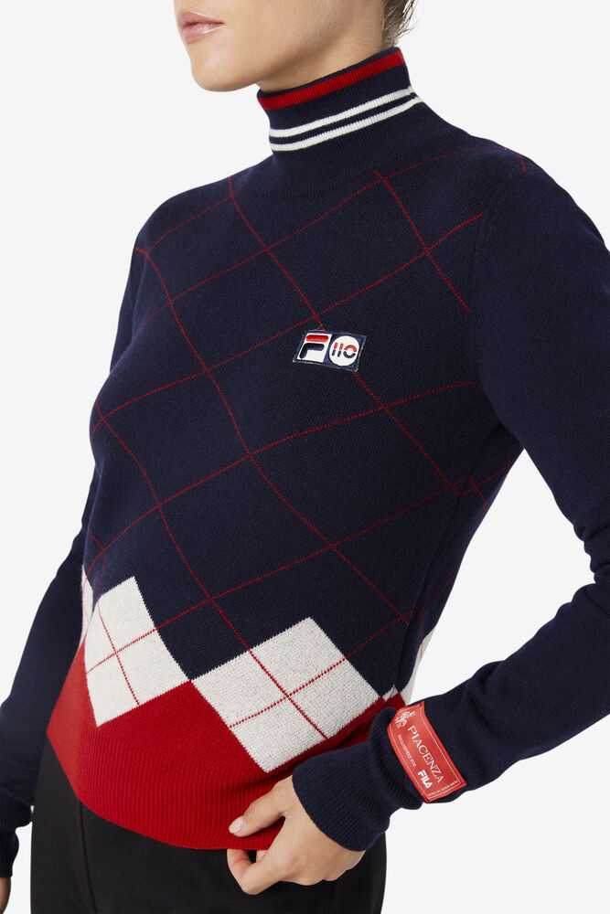 Navy White Red Women's FILA Argyle Sweaters | USA-15508