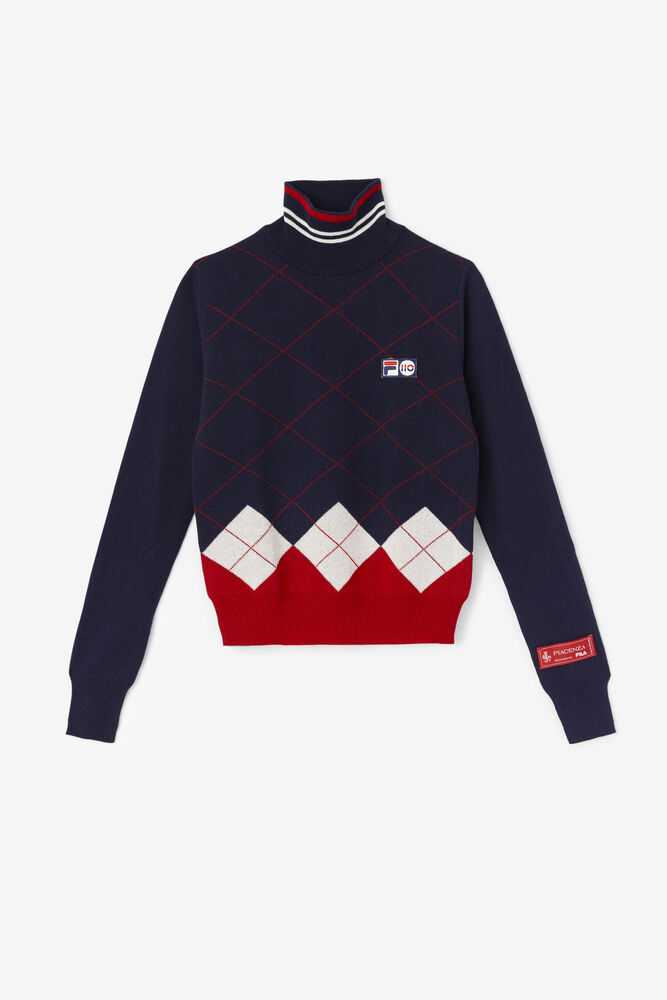 Navy White Red Women\'s FILA Argyle Sweaters | USA-15508