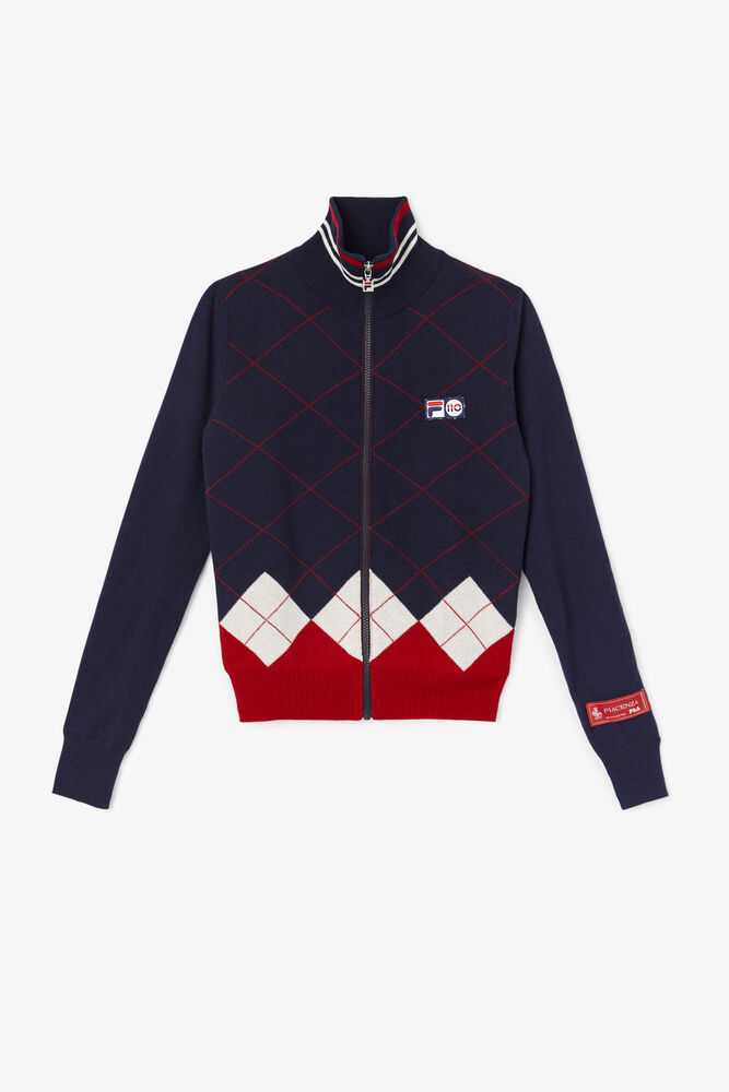 Navy White Red Women\'s FILA Full Zip Sweaters | USA-15512