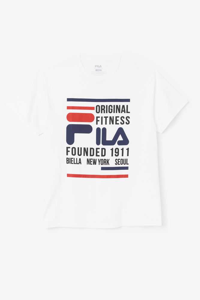 White Navy Red Men\'s FILA Original Fitness T-shirts | USA-107685