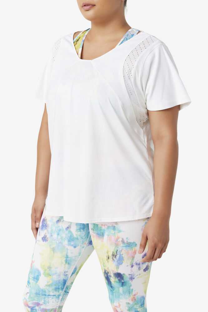 White Women's FILA Uplift Textured Workout Shirts | USA-15419